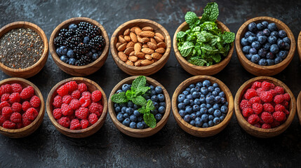Assortment of fresh berries and nuts in bowls.