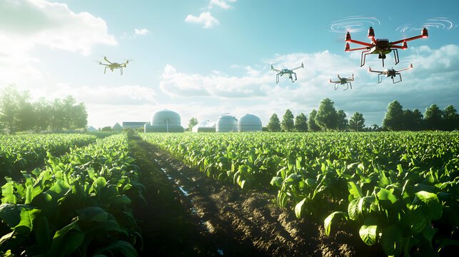 futuristic farm with drones flying overhead, monitoring crops and soil conditions, while IoT sensors scattered across the field gather real-time data