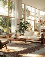 Fototapeta premium Open Living Room with Vintage-Modern Blend, Featuring Mid-Century Furniture and Classic Rug for a Warm and Inviting Atmosphere