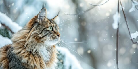 Portrait of a Norwegian Forest Cat with blurred snowy forest background, copy space, cinematic 