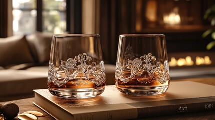 Custom-engraved glassware set in gift packaging, celebratory theme, 3D illustration