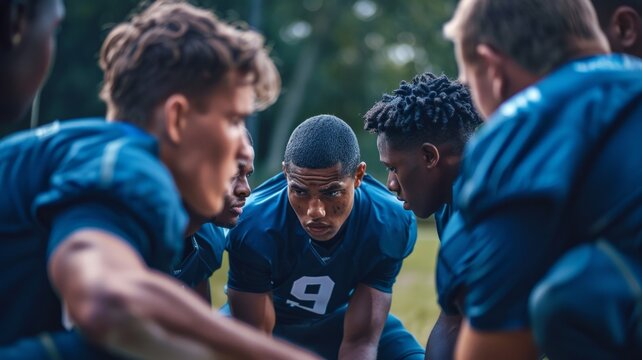 A team of american footballs players gathered with dark blue color in shirts discussing The principles and skills used in sports, AI Generative