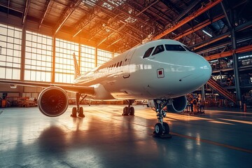 Aircraft in a hangar during sunset.