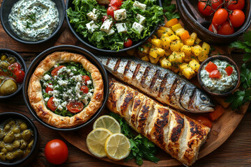 A delicious spread of Mediterranean food with grilled fish, flaky pastries, and fresh salad.