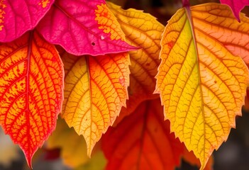 Close-up of autumn foliage, showcasing the intricate veins and textures.
