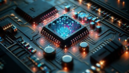 A detailed close-up image of a biotech sensor chip designed for medical diagnostics, showing sensors that detect and analyze biological data with tiny.