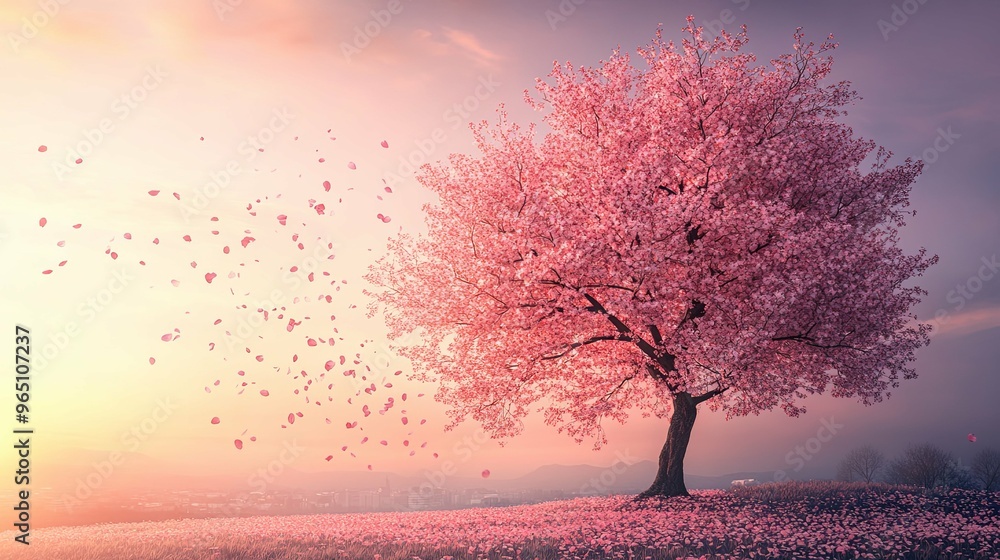 Poster a single cherry blossom tree in a field of falling petals