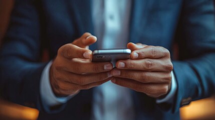 Businessman Checking Phone: Close-up of a businessman's hands scrolling through a smartphone, his fingers expertly navigating the touch screen. The image evokes a sense of professionalism, efficiency,