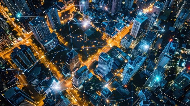 Modern city aerial view and communication network
