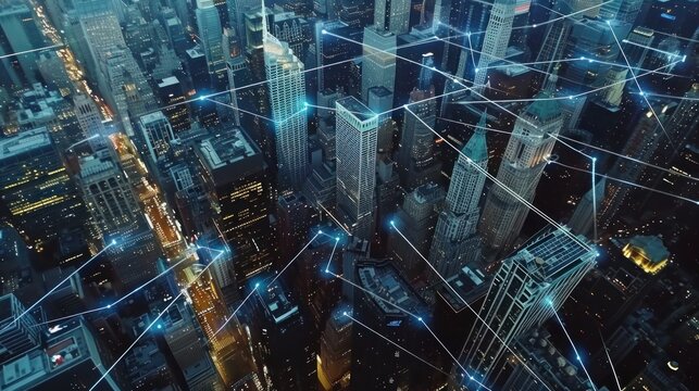 Modern city aerial view and communication network