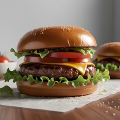 Cheeseburger topped with fresh lettuce and tomatoes, ready to enjoy generative ai