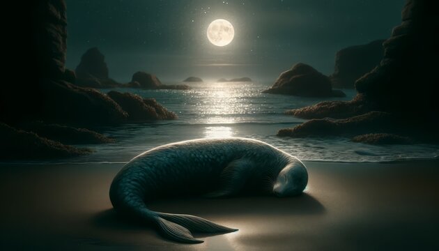 A serene selkie resting on a quiet, moonlit shore.