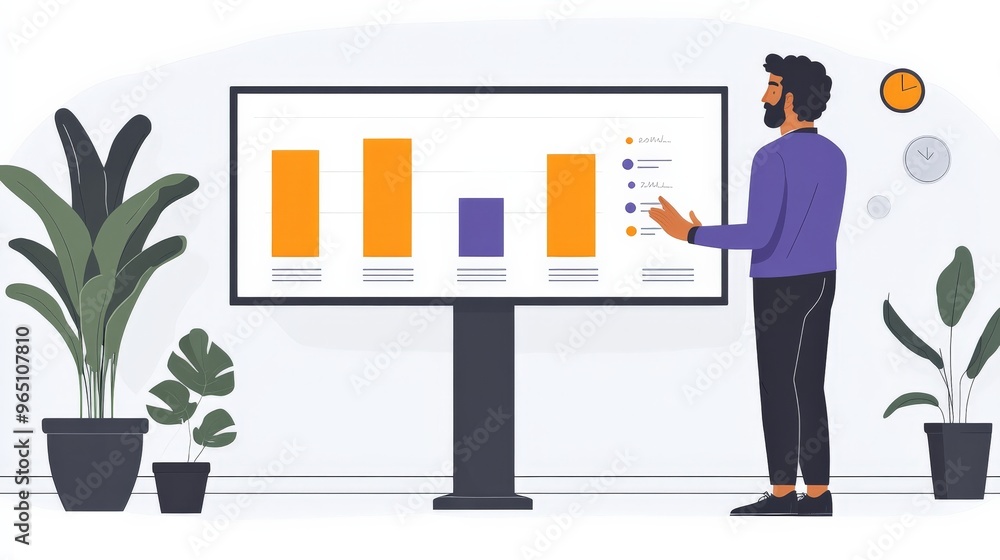 Poster data driven insights: a young professional unveils key business metrics on a large digital display, 