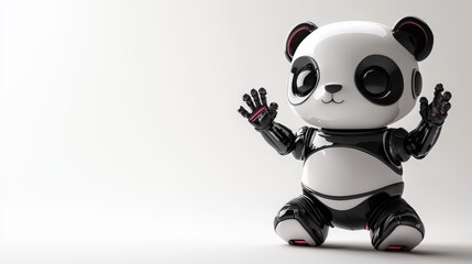 a cute panda looking robot waving - isolated on studio background