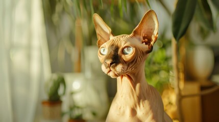 Portrait of a Sphynx Cat with blurred indoor background, copy space, cinematic 