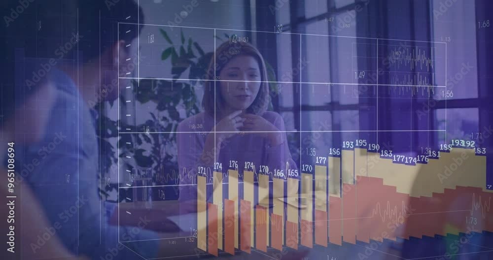 Poster Animation of financial data processing over diverse business people in office