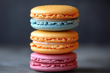 A stack of colorful macarons with a delicate cream filling.