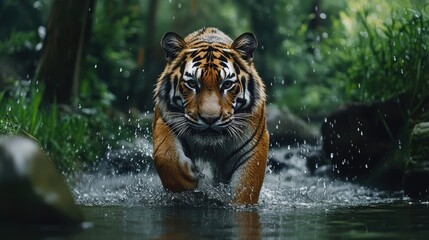 A tiger swimming in water with its striped orange fur visible