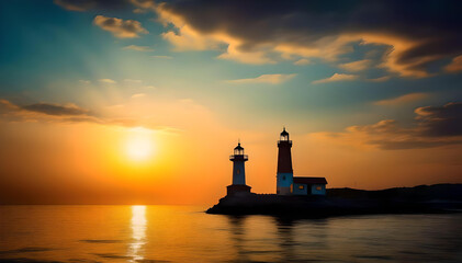 Fototapeta premium Stunning sunset over a calm ocean, with a lighthouse silhouette casting tranquility over the horizon. A perfect fusion of dramatic natural light and serene beauty for a picturesque view
