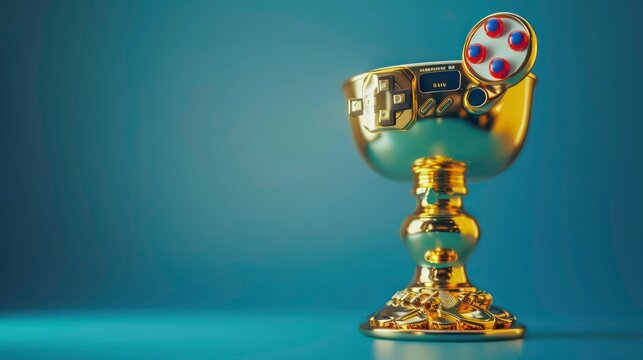 A golden trophy shaped like a goblet with a video game controller on top.