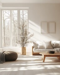 Scandinavian Living Room with Light Wood Floors, Sleek Sofa, and Simple Decor for a Warm and Airy Environment