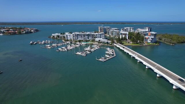 Marina And High Rise Residential Suburb On Ephraim Island In Paradise Point, QLD Australia. Aerial Drone Shot