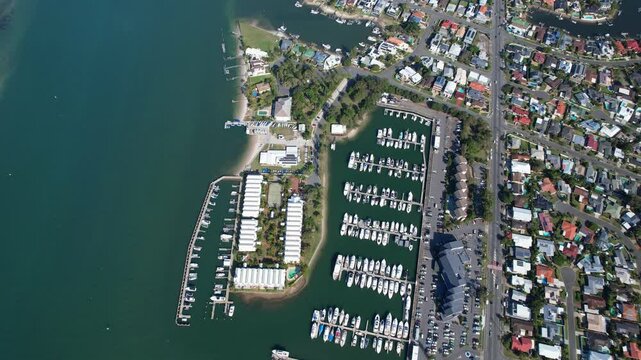 Runaway Bay Marina In Bayview Street, Hollywell Queensland, Australia. Aerial Drone Shot