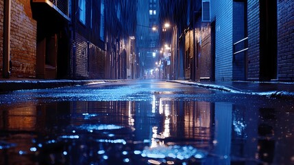 Moody urban alley at night, reflecting lights and raindrops on wet pavement.