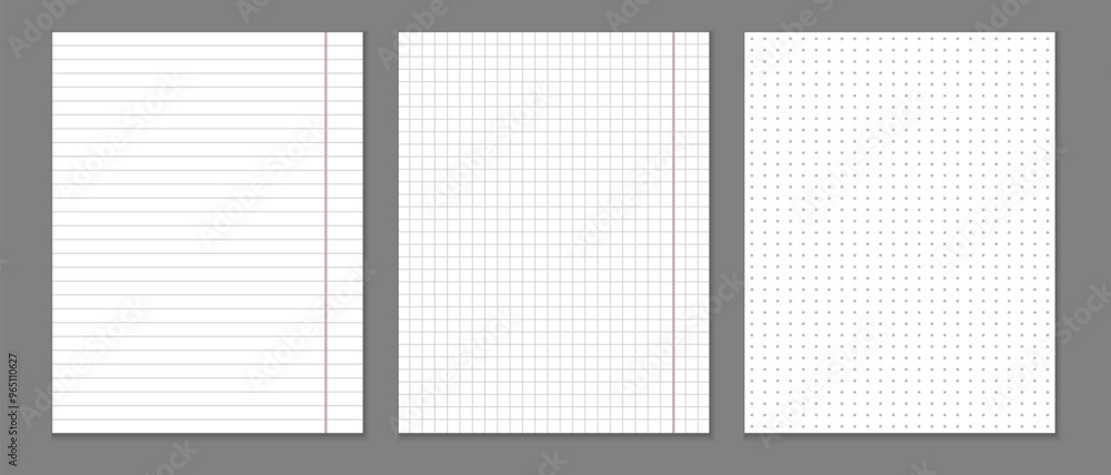 Aufkleber lined paper notebook, line graph note book, letter size notebook, dot graph notebook pages vector illustration.