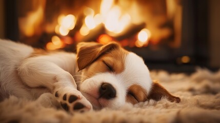 a cute puppy dog sleeping peacefully on the ground in front of a fire place