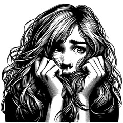 Portrait of a frightened woman in black and white woodcut style. Vector, generative ai.