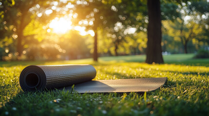 Rolled yoga mat on green grass in a sunlit park during early morning