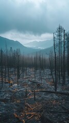 A forest with a lot of dead trees and a cloudy sky