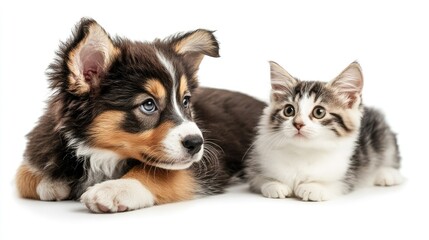 Group of Border Collie Puppies and Other Dogs Sitting Together on a White Background