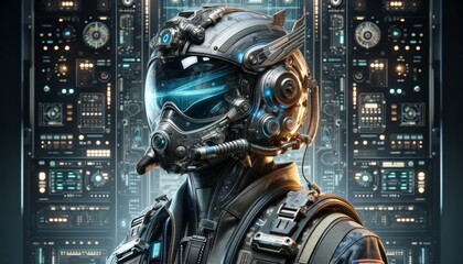 A detailed image of a futuristic pilot, featuring a character with an advanced flight helmet equipped with high-tech visors.