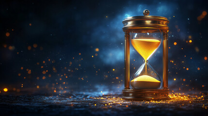Golden glowing hourglass with sand against a dark surface and sparkling particles