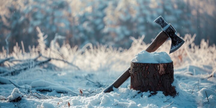 Axe lodged in a tree stump with a snowy forest backdrop on a chilly, overcast day.