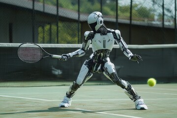 a robot with a racket is playing tennis