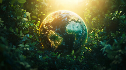 Glowing Green Earth Surrounded by Foliage