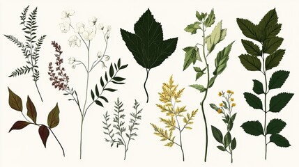 Nature-inspired botanical illustrations with a vintage feel, showcasing various types of leaves and flowers. 
