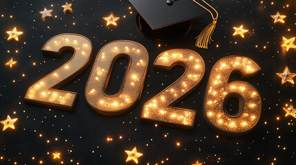 Golden 2026 Graduation Design with Stars and a Graduation Cap