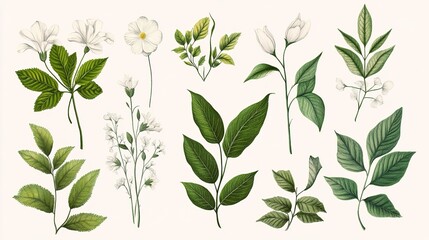 Nature-inspired botanical illustrations with a vintage feel, showcasing various types of leaves and flowers. 