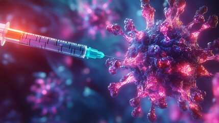 3D Rendered Virus Being Pierced by Syringe in Scientific Visualization