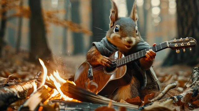 Squirrel Playing Guitar by Campfire in Forest - Cozy Autumn Scene