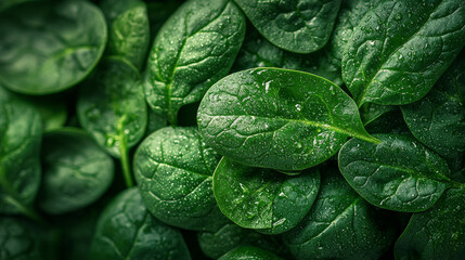 Fototapeta premium Close-up of fresh spinach leaves with dew drops.
