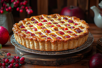 A freshly baked fruit pie with a lattice crust.