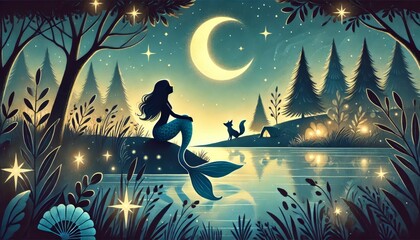 A silhouette of a mermaid sitting by a peaceful lake under a glowing crescent moon, with starry reflections rippling across the water.