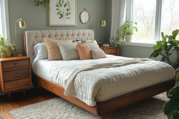 Obraz premium Cozy bedroom with plants and soft bedding.