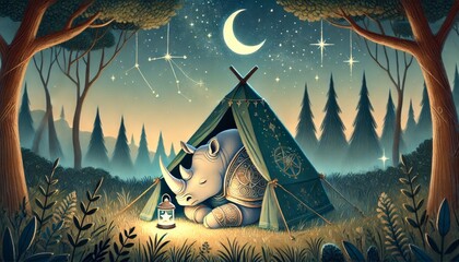 A celestial-armored rhino resting peacefully inside a tent under a starry sky filled with constellations.