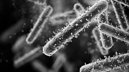 Fototapeta premium Detailed view of bacteria under an electron microscope, cellular structure analysis, microbiology biotechnology